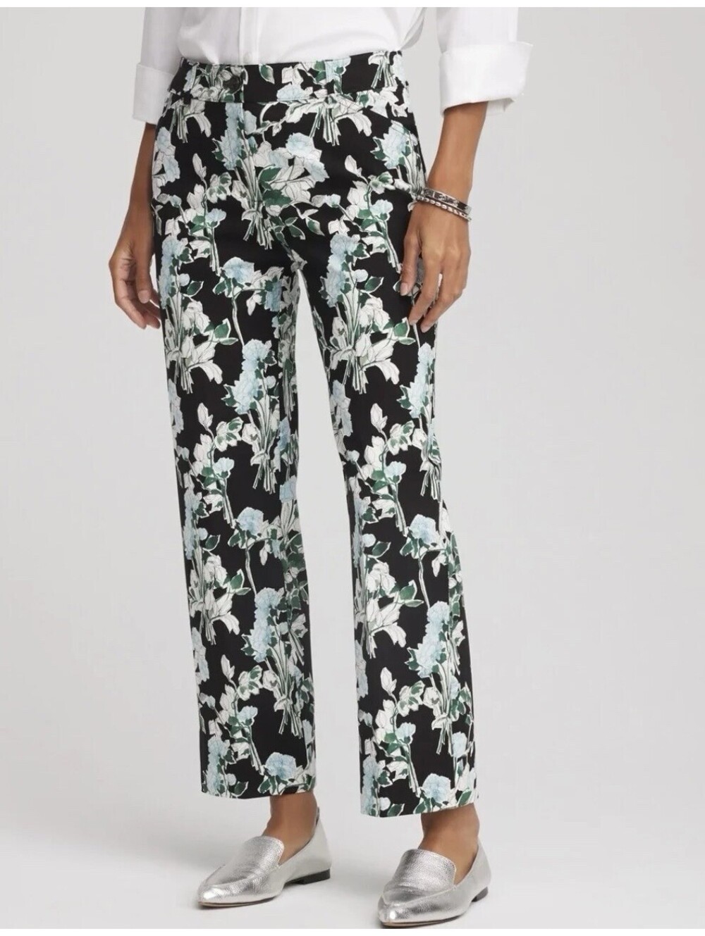 CHICO’S Women's Floral Emme Straight Ankle Pants In Black-Size 4